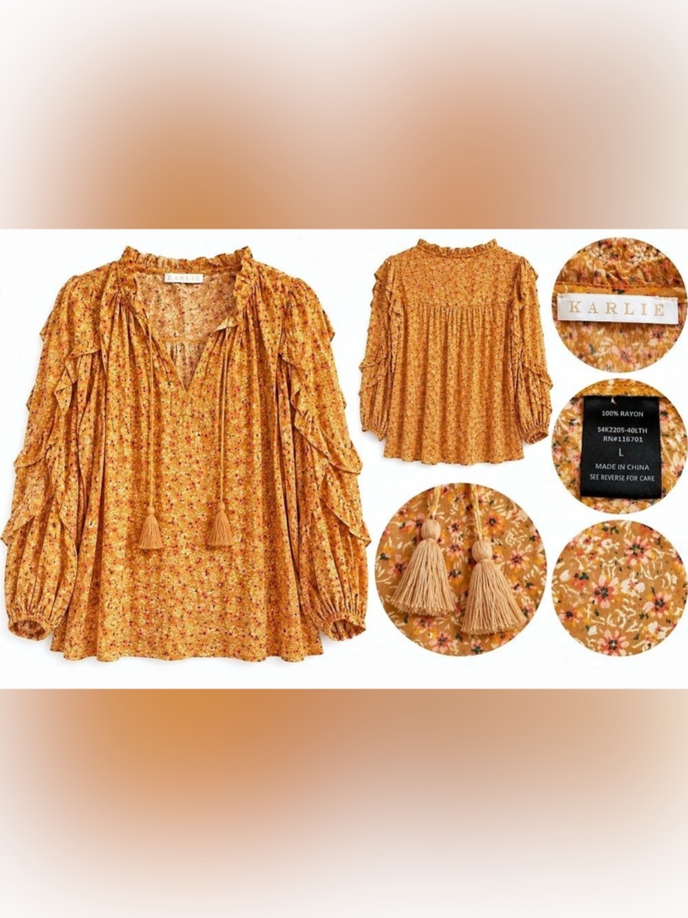 Karlie Floral Ruffle Tassel Tie Boho Blouse Mustard Size Large